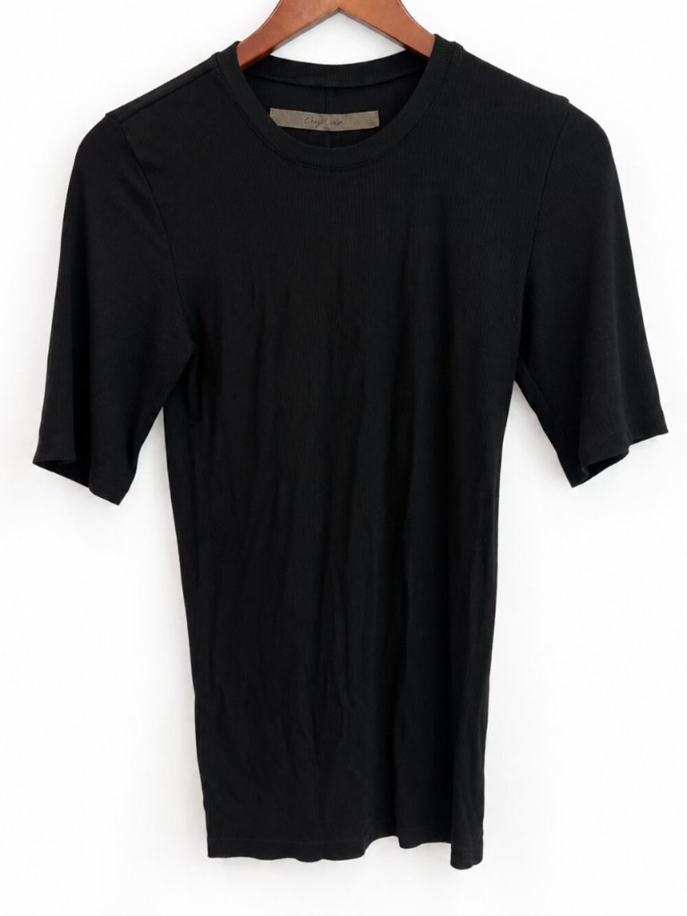Enza Costa Fluid Silk Rib Black Fitted Half Sleeve Crew Top Large